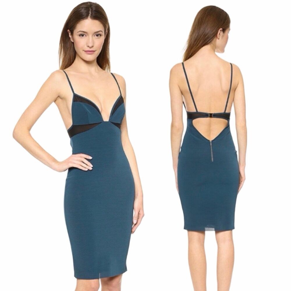 Bec & Bridge Mercury Mesh Bodycon Dress Petrol Blue Black Cutout Open Back Sz 2
